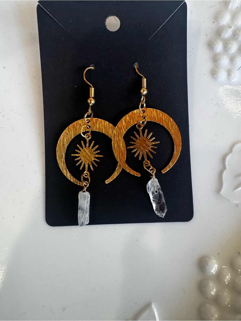 Gold Crescent Sun Dangle Earrings with Clear Crystal